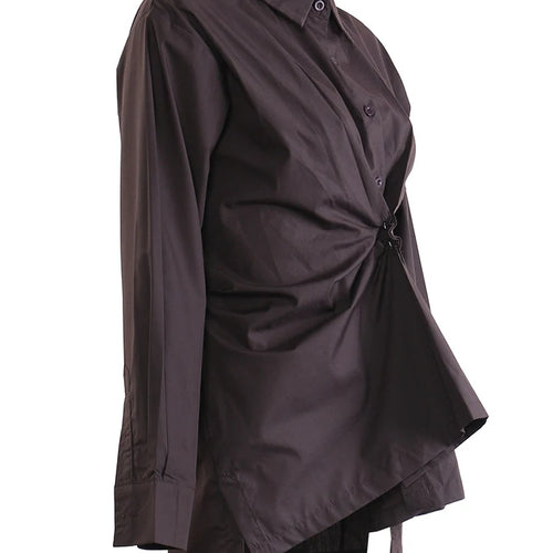 Load image into Gallery viewer, Women Brown Pleated Elegant Irregular Big Size Blouse New Lapel Long Sleeve Shirt Fashion Tide Spring Autumn 2025  1DJ1089
