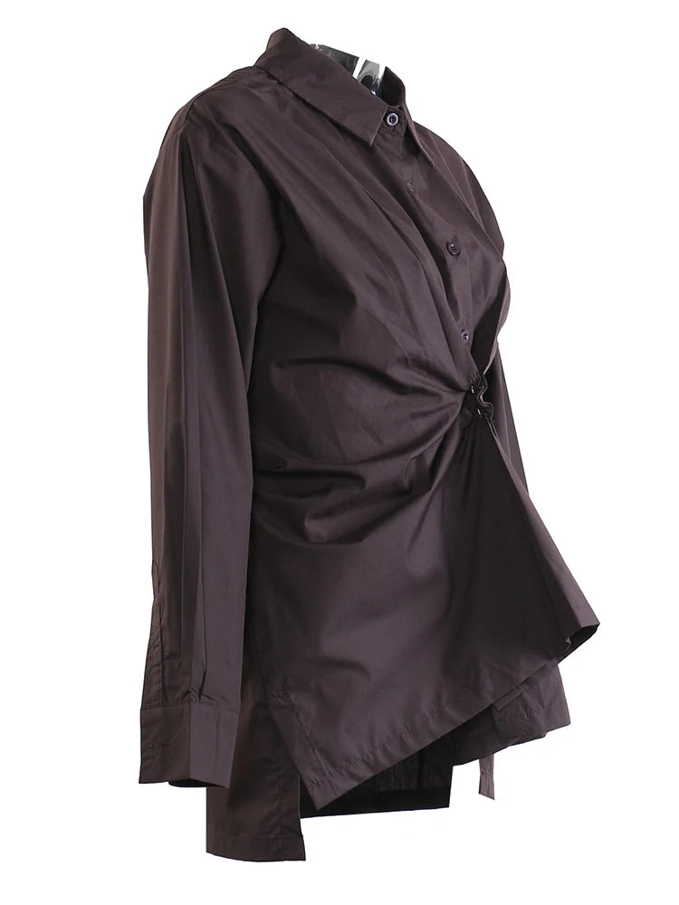 Women Brown Pleated Elegant Irregular Big Size Blouse New Lapel Long Sleeve Shirt Fashion Tide Spring Autumn 2025  1DJ1089