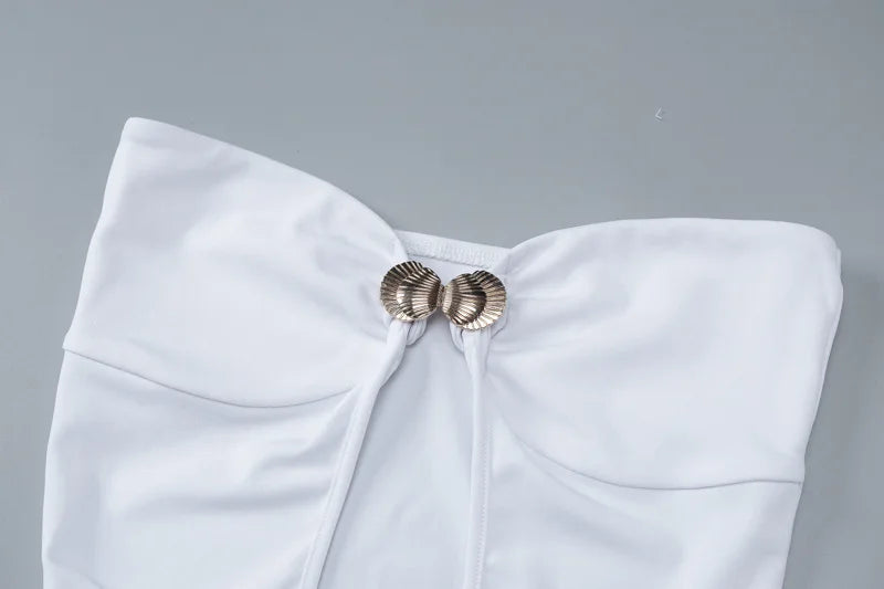 Metal Button Strapless Backless Long Dress Women Fashion Hollow Out Off-shoulder Sleeveless Bodycon Party Midi Dress