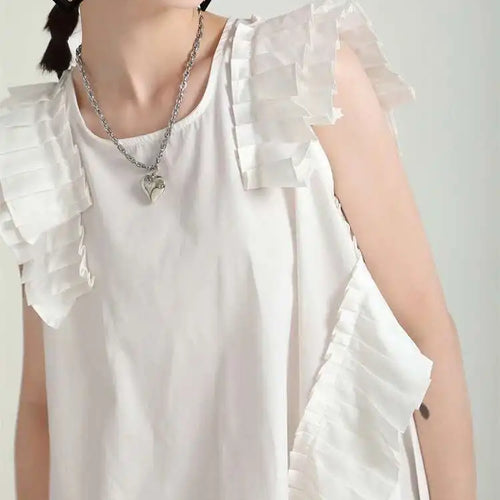 Load image into Gallery viewer, Women White Irregular Pleated Big Size Elegant Dress New Round Neck Sleeveless Fashion Tide Spring Summer 2025 1DH5375
