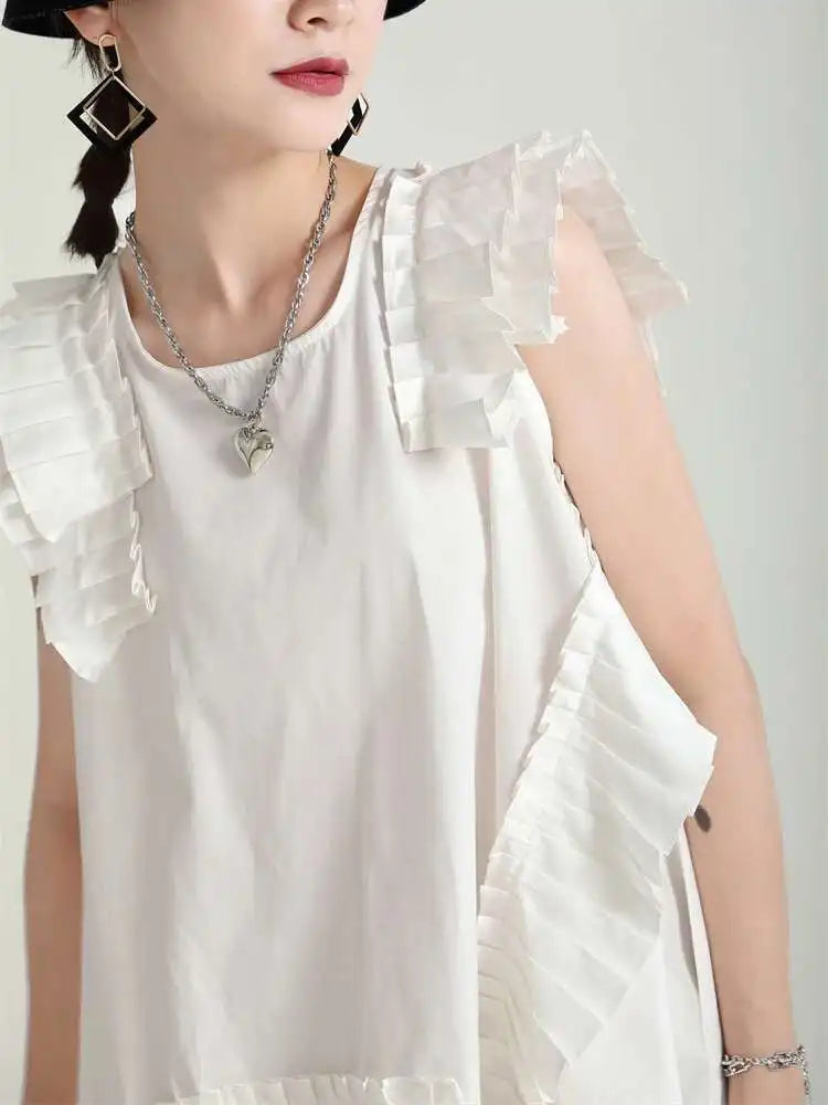 Women White Irregular Pleated Big Size Elegant Dress New Round Neck Sleeveless Fashion Tide Spring Summer 2025 1DH5375