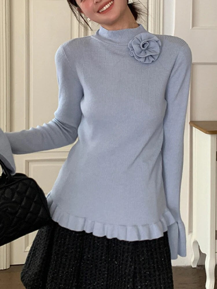 Slimming Knitting Sweaters For Women Mock Neck Flare Sleeve Patchwork Appliques Elegant Pullover Sweater Female