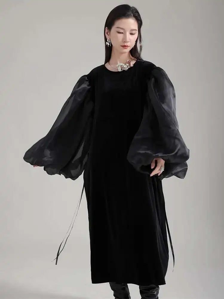 Women Black Organza Velvet Elegnat Big Size Dress New Round Neck Long Puff Sleeve Fashion Tide Spring Autumn 2025 1DH2248