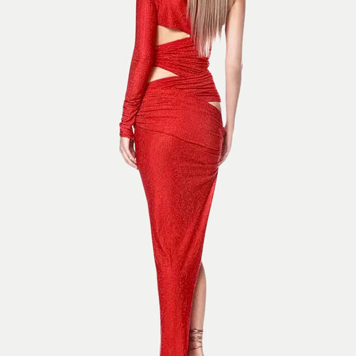 Load image into Gallery viewer, Solid Hollow Out Slimming Dresses For Women Diagonal Collar Long Sleeve High Waist Temperament Dress Female Fashion
