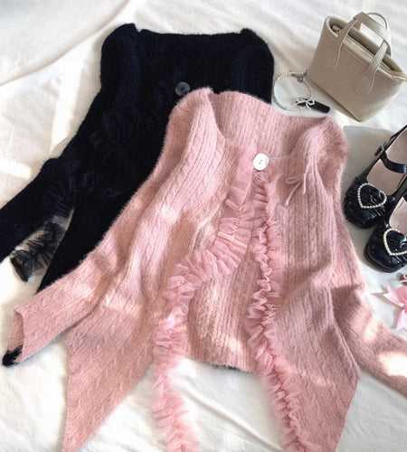 Japanese Gauze Patchwork Sweet Cardigan Women JK Lolita Fairy One-button Y2k Sweaters Harajuku Irregular Bow Grunge Tops Capes