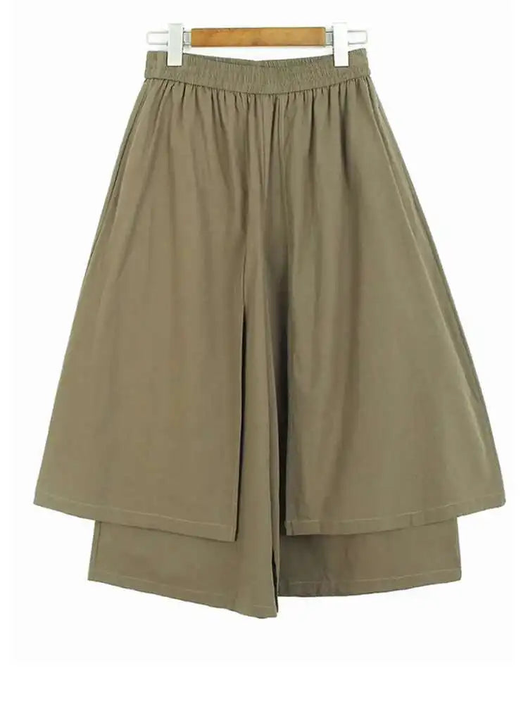 High Elastic Waist Khaki Spliced False Two Long Wide Leg Pants New Trousers Women Fashion Tide Spring Autumn 2025 1DJ0134