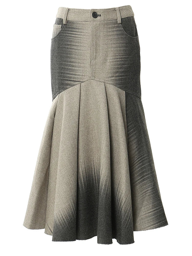 High Waist Gray Printed Pocket Elegant Trumpet  Woolen Half-body Skirt Women Fashion Tide New Spring Autumn 2025 1DH3247