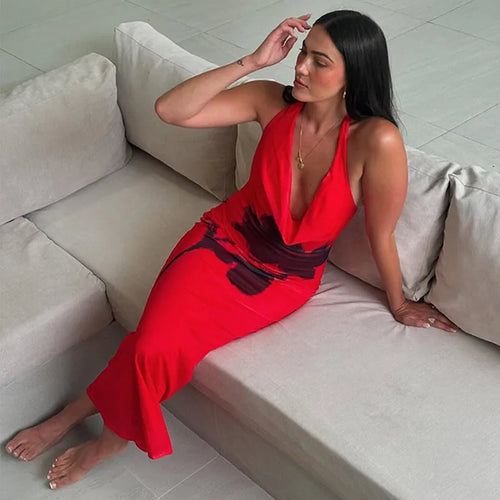 Load image into Gallery viewer, Halter Deep V Neck Printed Maxi Dress For Women Gown Red Off-shoulder Sleeveless Backless Fashion Bodycon Long Dress
