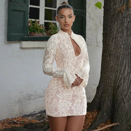 Load image into Gallery viewer, Lace Hollow Out Long Sleeve Sexy Mini Dress For Women Fashion Half High Collar Bodycon Club Party Dress Elegant Dresses
