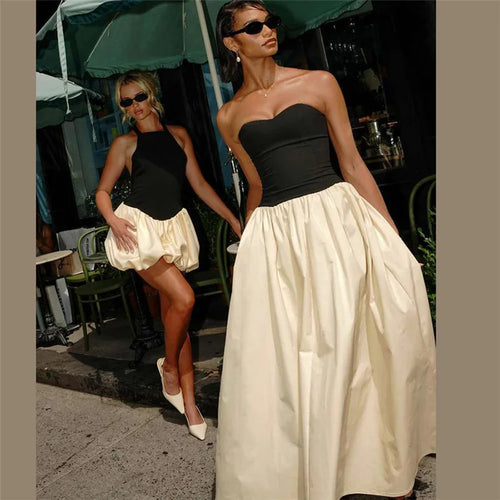 Load image into Gallery viewer, Patchwork Off-shoulder Sexy Maxi Dress For Women Contrasting Color Strapless Sleeveless Backless Lace-up Sexy Dress
