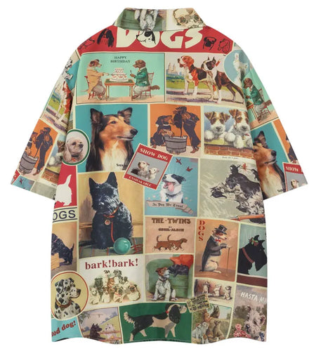 Vintage Shirts Y2K Cartoon Dog Graphic Printed Button Up Summer Blouse Streetwear Men Hip Hop Harajuku Short Sleeve Beach Shirt