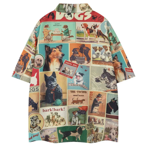 Vintage Shirts Y2K Cartoon Dog Graphic Printed Button Up Summer Blouse Streetwear Men Hip Hop Harajuku Short Sleeve Beach Shirt