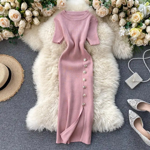 Load image into Gallery viewer, Summer Korean Solid Round Neck Slim Single Breasted Short Sleeve Long Dress Women Festival Wrap Hip Split Knitted Dress Popular

