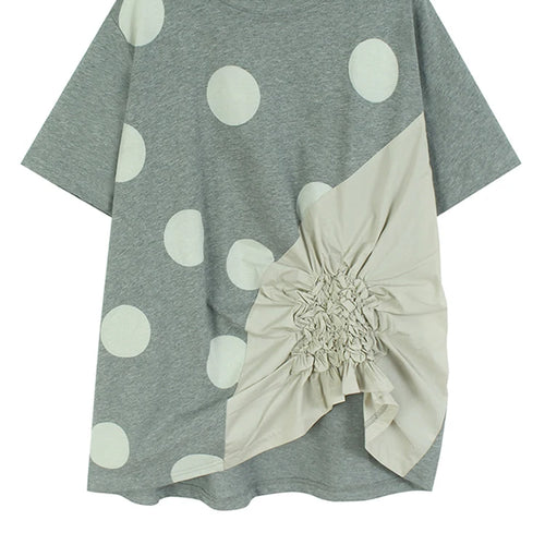 Load image into Gallery viewer, Women Gray Dot Printed Irregular Pleated Big Size T-shirt New Round Neck Short Sleeve Fashion Spring Summer 2025 1DJ1130
