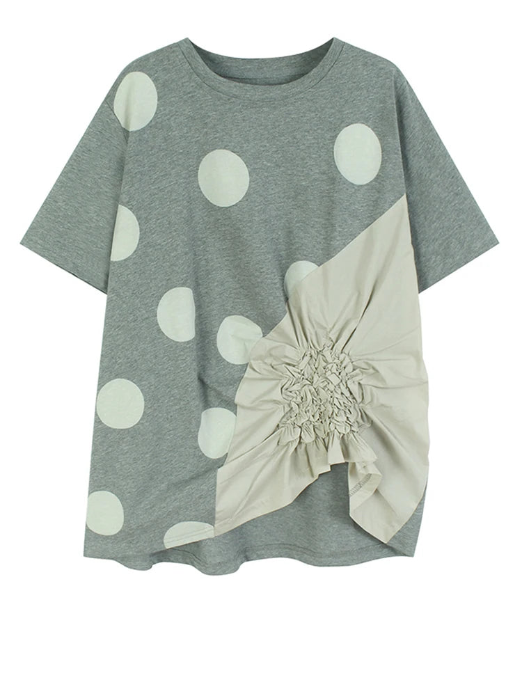 Women Gray Dot Printed Irregular Pleated Big Size T-shirt New Round Neck Short Sleeve Fashion Spring Summer 2025 1DJ1130