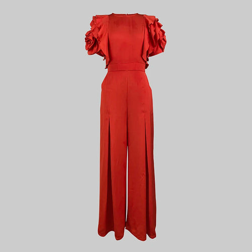 Load image into Gallery viewer, Red Romper Jumpsuit Woman 2025 New Summer Falbala Short Sleeves Wide Leg Jumpsuits Woman Elegant Party Formal Clothes

