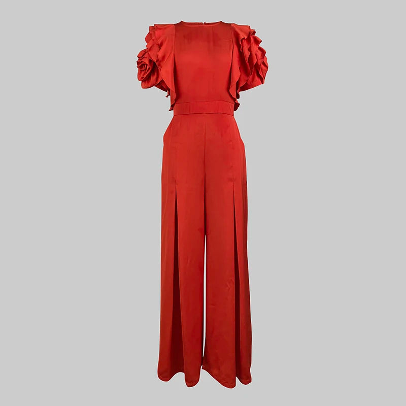 Red Romper Jumpsuit Woman 2025 New Summer Falbala Short Sleeves Wide Leg Jumpsuits Woman Elegant Party Formal Clothes