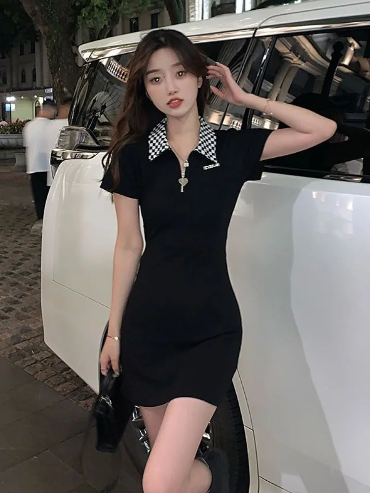 Korean Black Plaid Dress Women Kpop Polo Collar Bodycon Wrap Mini Short Dresses Fashion Sheath Slim Outfits