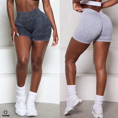 Load image into Gallery viewer, Washing Seamless High Stretch Sports Yoga Shorts Women V Back Hip Gym Cycling Elastic Tights Denim Active Exercise Shorts
