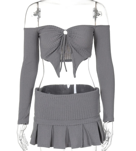 Ribbed 2 Pcs Sets Slash Neck Skirring Lace Up Slit Sexy Crop T-Shirt Pleated Skirt Fall Cute Y2K Outfit Festival Party