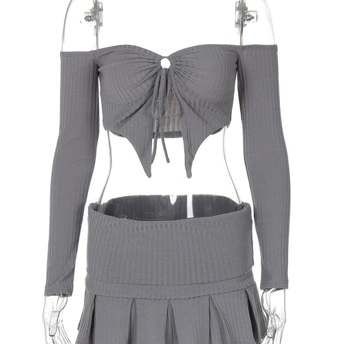 Load image into Gallery viewer, Ribbed 2 Pcs Sets Slash Neck Skirring Lace Up Slit Sexy Crop T-Shirt Pleated Skirt Fall Cute Y2K Outfit Festival Party
