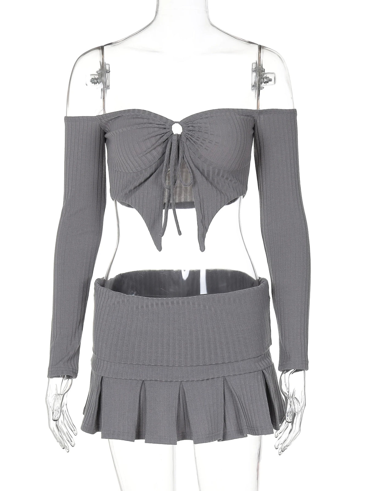 Ribbed 2 Pcs Sets Slash Neck Skirring Lace Up Slit Sexy Crop T-Shirt Pleated Skirt Fall Cute Y2K Outfit Festival Party