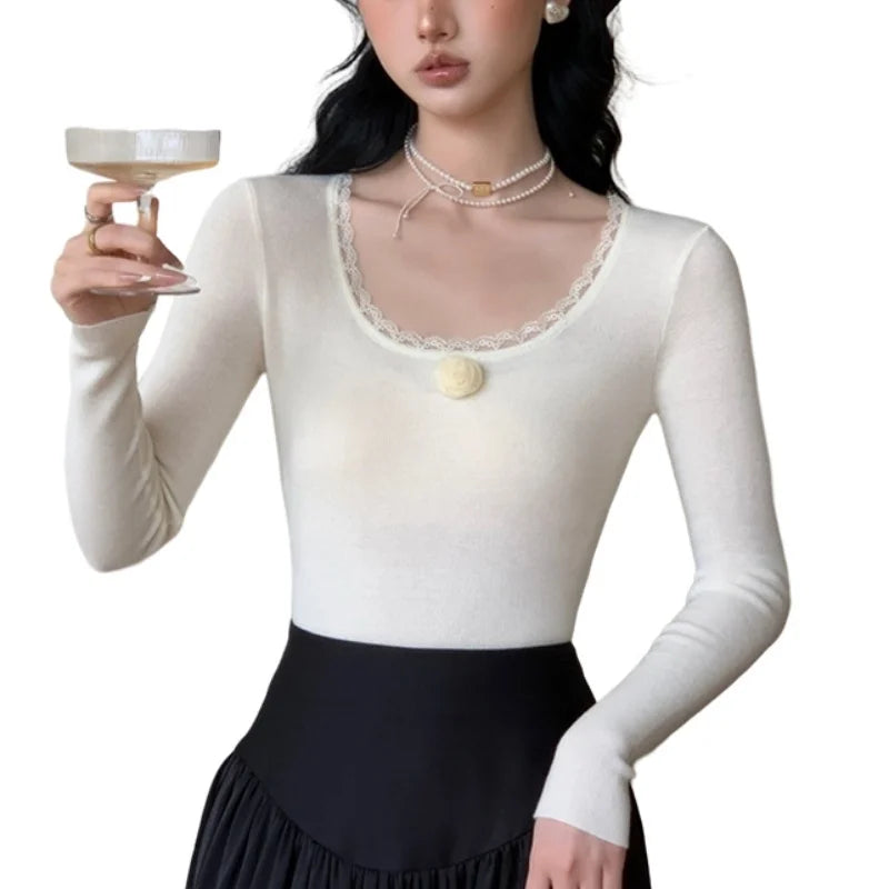 y2k Clothes Tops Women 3D Flower Lace Trim Round Neck Long Sleeve Ribbed T Shirt 2000s Aesthetic Clothing Streetwear