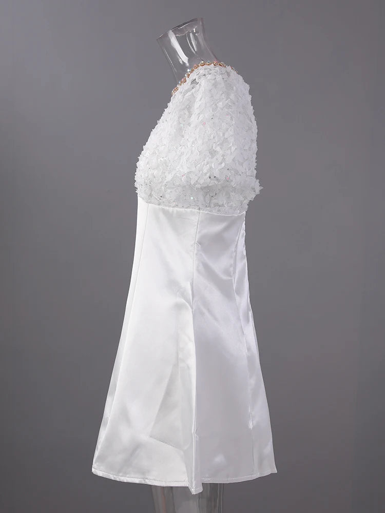 Women White Lace Rhinestones Elegant Slim Mini Dress New Round Neck Short Sleeve Fashion Tide Spring Summer 2025 CPG2980