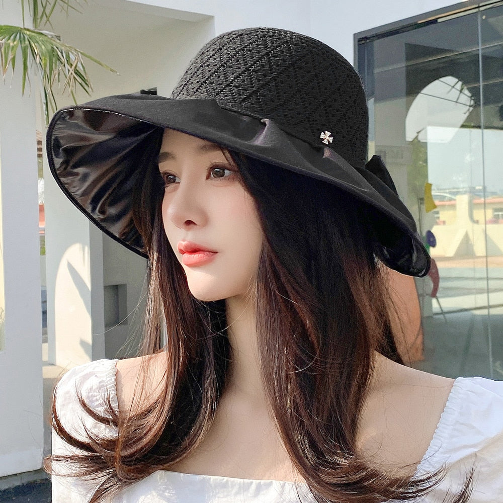 Women Summer Hats Wide Brim UV Protection Beach Straw Hat  Fashion Bow Design Sun Hat Outdoor Travel Hats