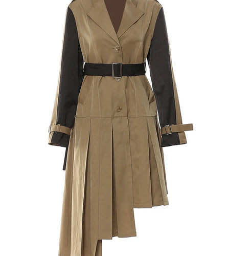 Women Khaki Pleated Big Size Long Trench New Lapel Long Sleeve Loose Fit Windbreaker Fashion Spring Autumn 2025 1DF2737