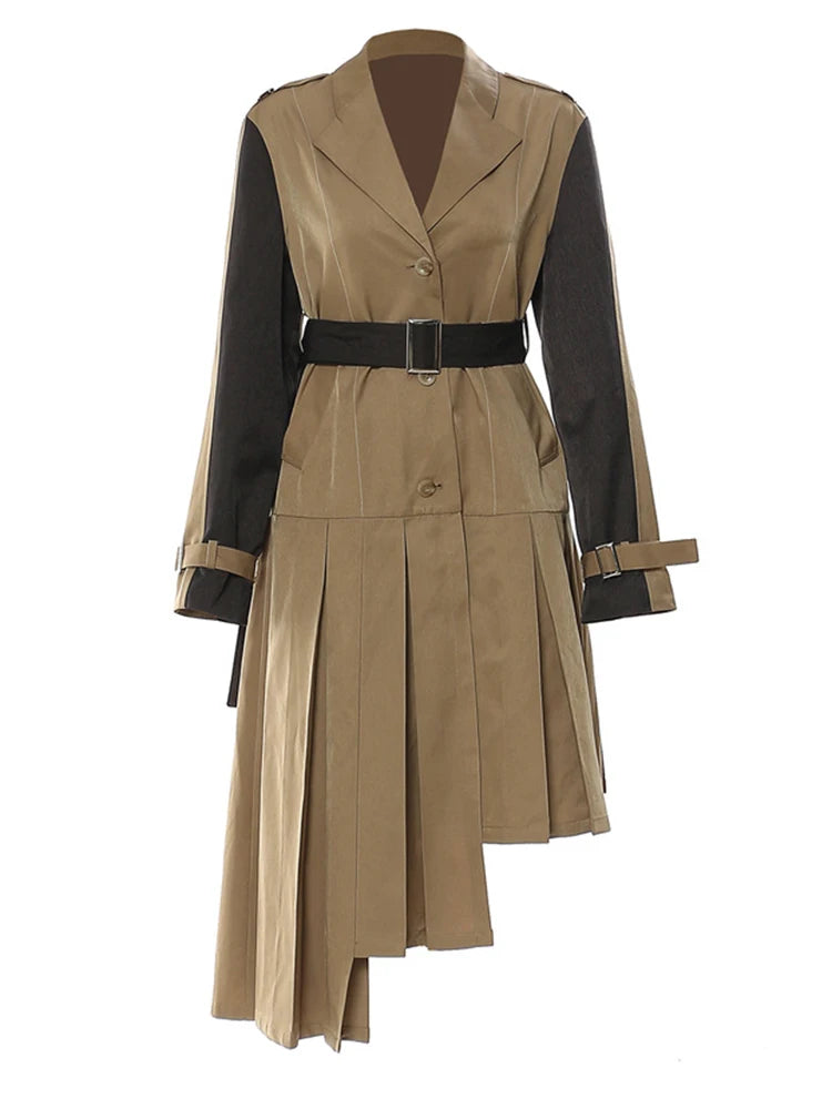 Women Khaki Pleated Big Size Long Trench New Lapel Long Sleeve Loose Fit Windbreaker Fashion Spring Autumn 2025 1DF2737