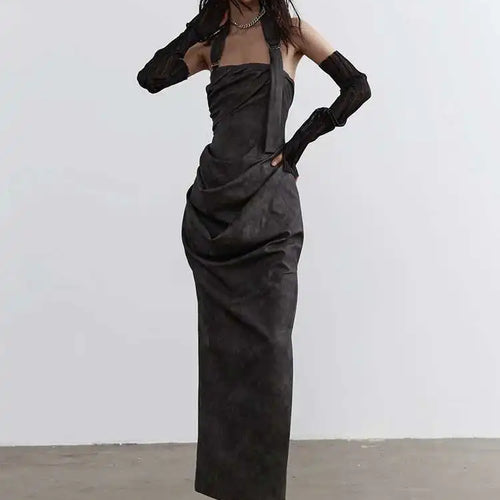 Load image into Gallery viewer, Women Gray Shaped Pleated Pu Leather Long Elegant Strapless Dress New Sleeveless Fashion Tide Spring Autumn 2025 1DH4724
