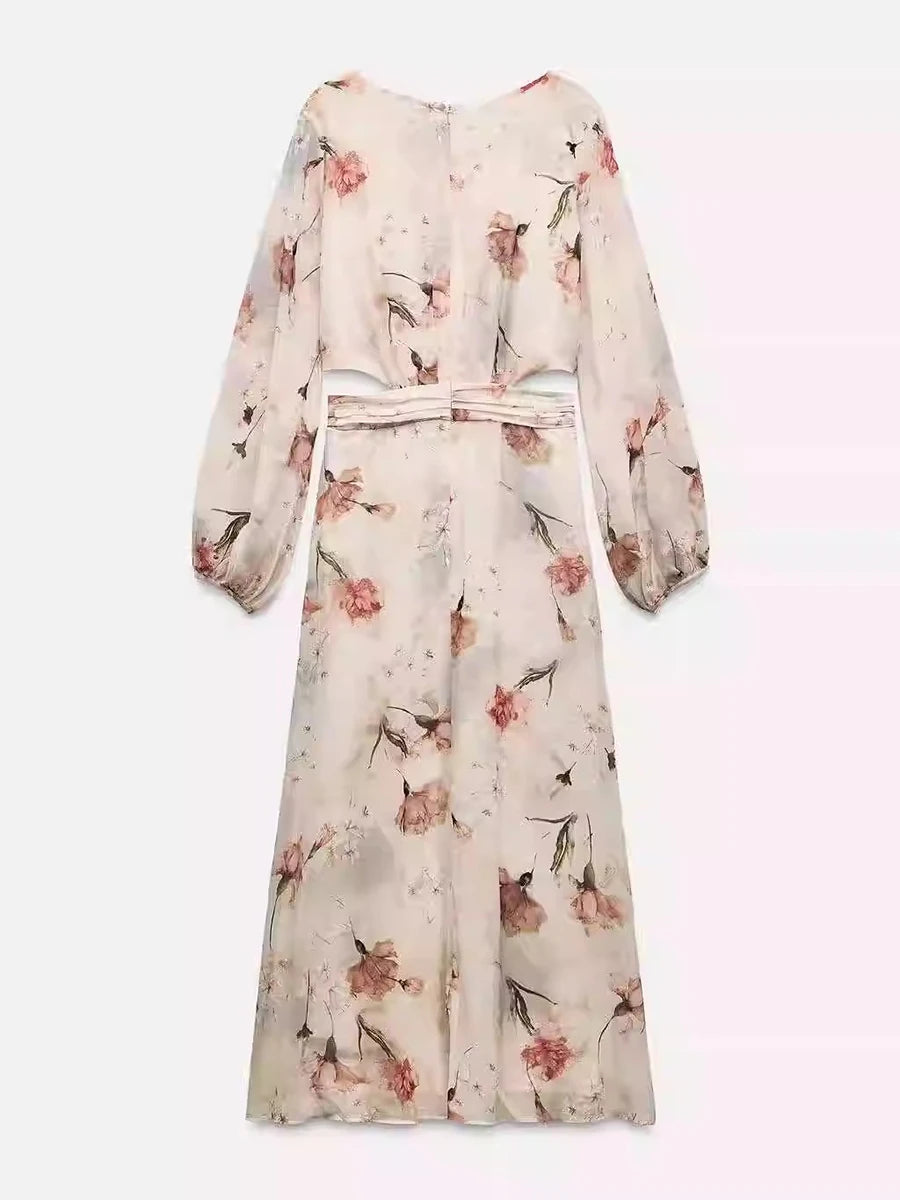 Hit Color Spliced Appliques Loose Dresses For Women V Neck Long Sleeve High Waist Temperament Dress Female Fashion