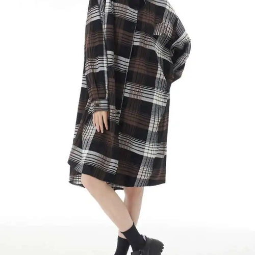 Load image into Gallery viewer, Women Plaid Big Size Knee-Length Shirt Dress New Lapel Long Sleeve A-line Loose Fit Fashion Spring Autumn 2025 1DH2091
