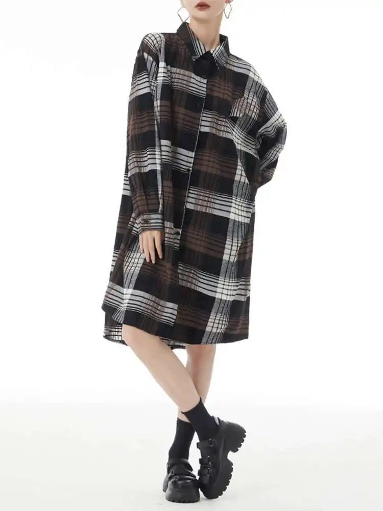 Women Plaid Big Size Knee-Length Shirt Dress New Lapel Long Sleeve A-line Loose Fit Fashion Spring Autumn 2025 1DH2091