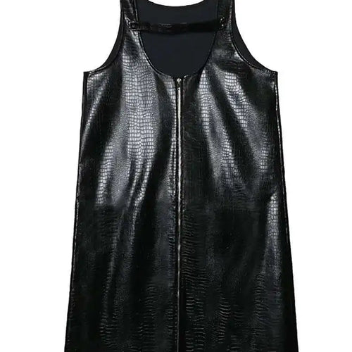 Load image into Gallery viewer, Women Black Big Size PU Leather Zipper Strap Dress New Square Collar Sleeveless Fashion Tide Spring Autumn 2025 1DH4461
