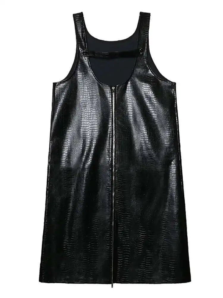 Women Black Big Size PU Leather Zipper Strap Dress New Square Collar Sleeveless Fashion Tide Spring Autumn 2025 1DH4461