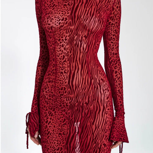 Load image into Gallery viewer, Fashion Long Sleeved Hollow Out Open Back Mesh Dress For Women Print Elegant Female New Slim Party Evening Dress 2024
