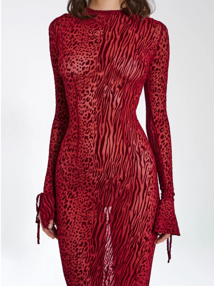 Fashion Long Sleeved Hollow Out Open Back Mesh Dress For Women Print Elegant Female New Slim Party Evening Dress 2024