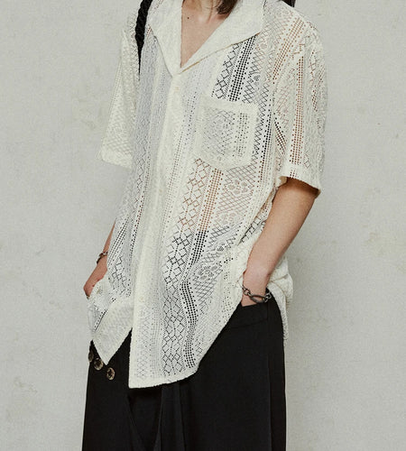 Women Beige Hollow Out Pocket Big Size Elegant Blouse New Lapel Short Sleeve Shirt Fashion Tide Spring Summer 2025 1DJ1184