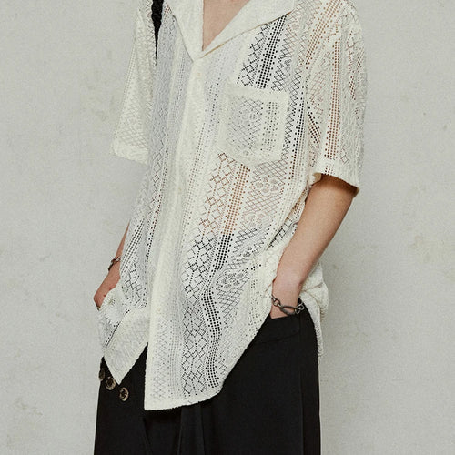 Load image into Gallery viewer, Women Beige Hollow Out Pocket Big Size Elegant Blouse New Lapel Short Sleeve Shirt Fashion Tide Spring Summer 2025 1DJ1184
