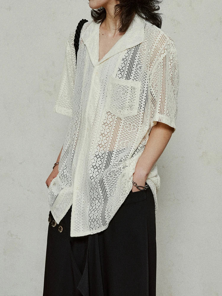 Women Beige Hollow Out Pocket Big Size Elegant Blouse New Lapel Short Sleeve Shirt Fashion Tide Spring Summer 2025 1DJ1184