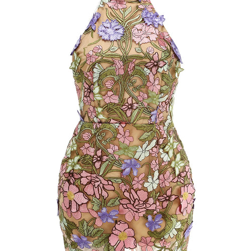 Load image into Gallery viewer, Hit Color Slimming Spliced Embroidery Dresses for Women Halter Sleeveless Backless High Waist Dress Female Clothing
