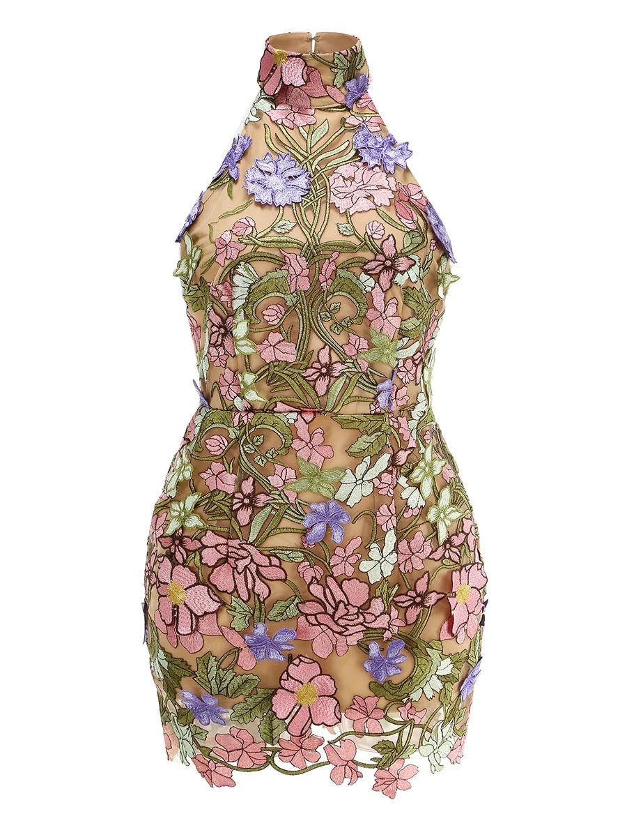 Hit Color Slimming Spliced Embroidery Dresses for Women Halter Sleeveless Backless High Waist Dress Female Clothing