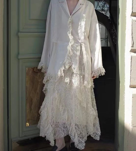 Solid Loose Spliced Lace Two Piece Sets for Women Lapel Long Sleeves Blouse High Waist Skirt Irregular Set Female