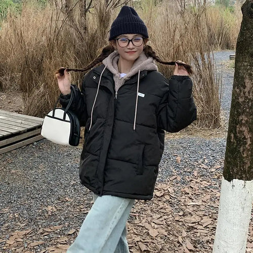 Load image into Gallery viewer, Women Autumn Winter New Beige Patchwork Long Sleeve Short Down Cotton Jacket Black Hooded Warm Elegant Coat Casual Thick Clothes
