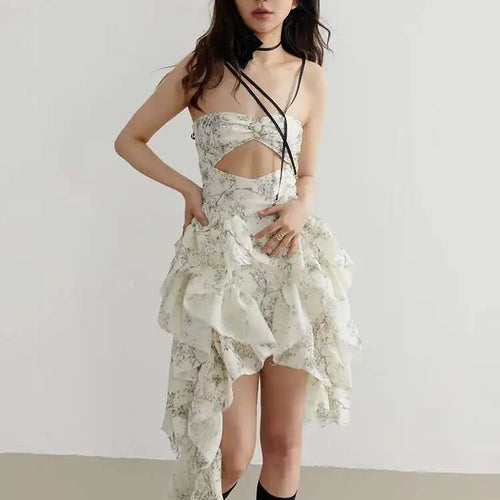 Load image into Gallery viewer, Women Printed Hollow Out Ruffles Mini Irregular Strapless Dress New Sleeveless Fashion Tide Spring Summer 2025 1DH6272

