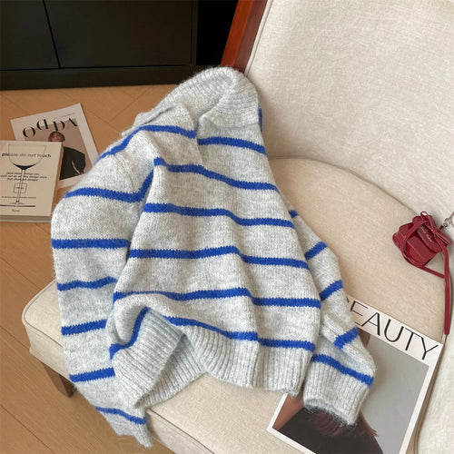 Load image into Gallery viewer, Autumn Winter Grey Blue Striped Patchwork Long Sleeves Sweater Korean Fashion Women's Short Knitted Tops Casual Versatile Trendy
