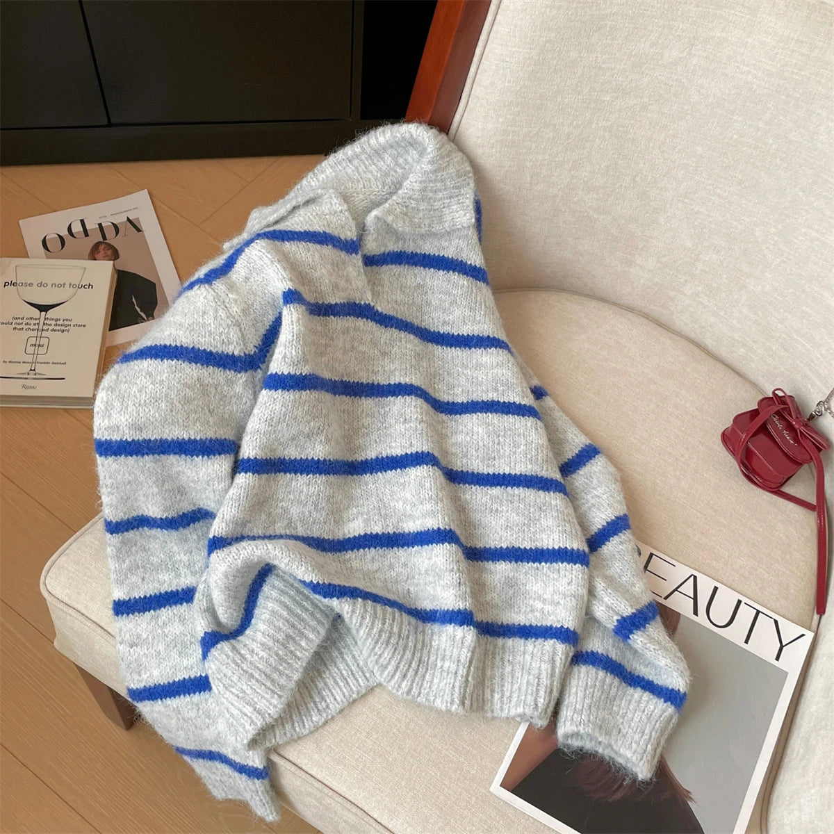 Autumn Winter Grey Blue Striped Patchwork Long Sleeves Sweater Korean Fashion Women's Short Knitted Tops Casual Versatile Trendy