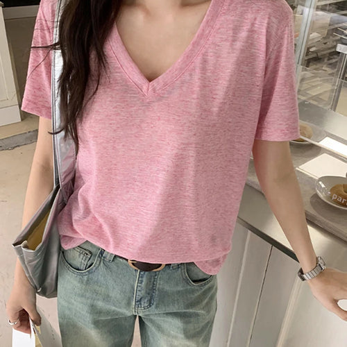 Load image into Gallery viewer, Summer Chicly V-neck Casual Short Sleeve Loose Female T-shirts New Classic Solid Color Fashion Simple S-XL Street Women T-shirts
